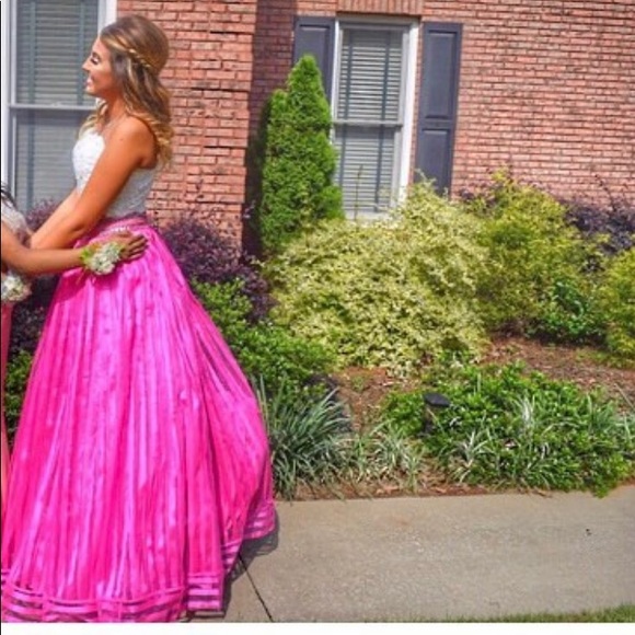 Rachel Allan Two Piece White and Hot Pink Prom Dress - Picture 2 of 11